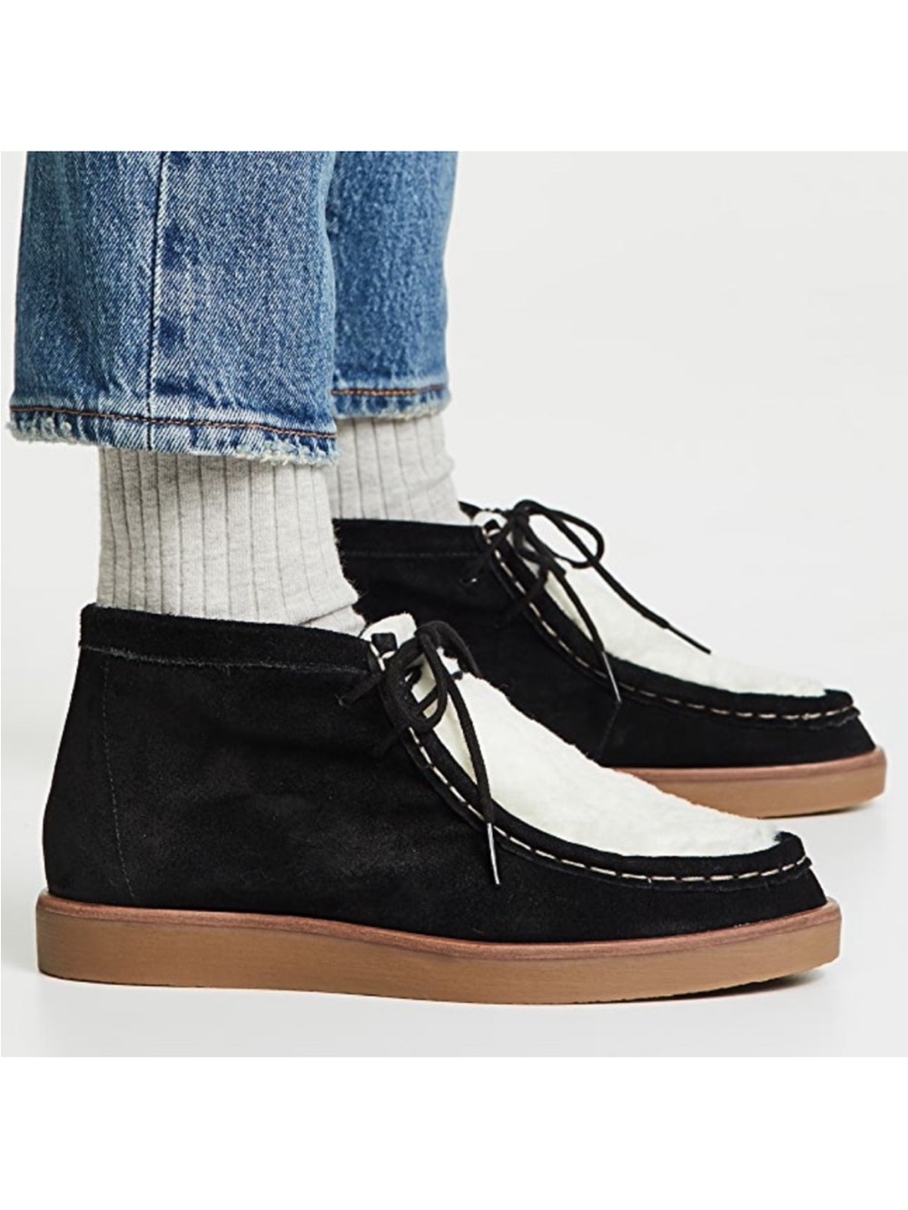 THE GREAT. The Trooper Shoe in Black Suede & Shearling
